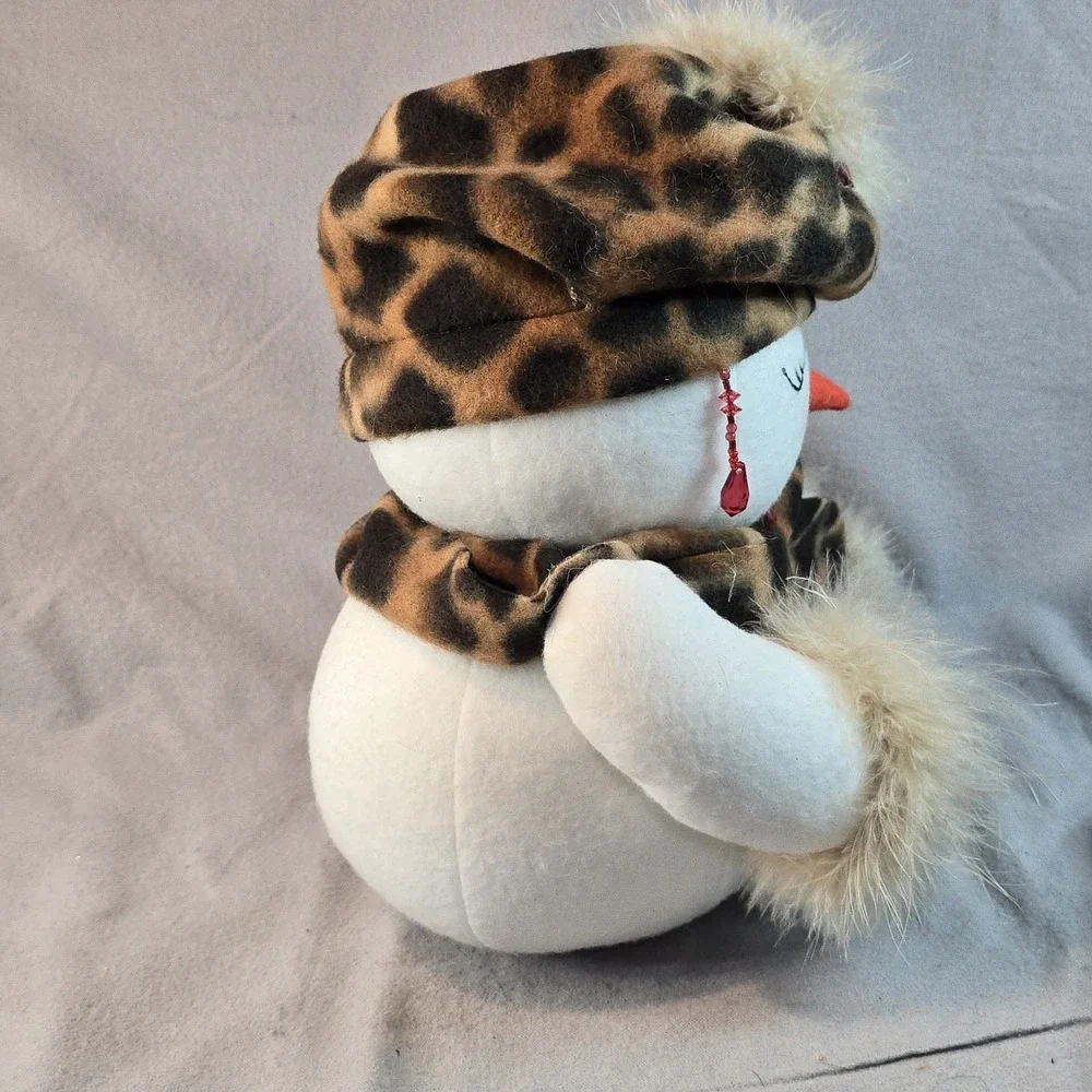 2 Snowman Couple Plushies W/ Leopard Print Scarf Hat Gloves Christmas Winter